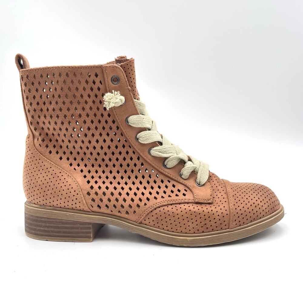 Report Hagen tan patent perforated block heel ankle boots Women's Size US 8